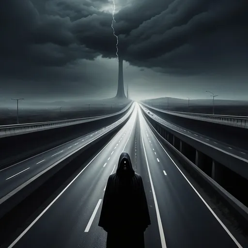 Prompt: A lot of highways and a dark scary figure looming through the high ways