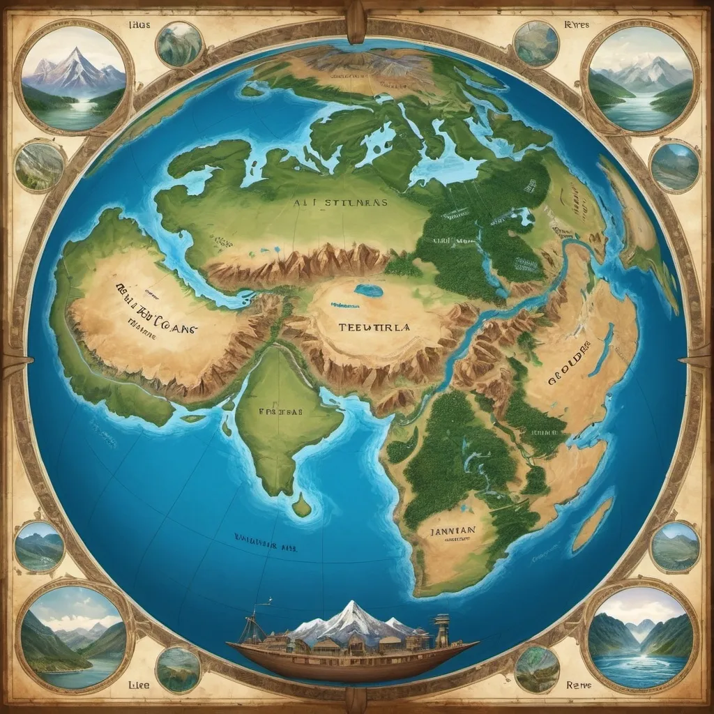 Prompt: A fictional map with large rivers, mountains, jungles, human settlements, seas, deserts, and rivers.  It must be inside a globe.