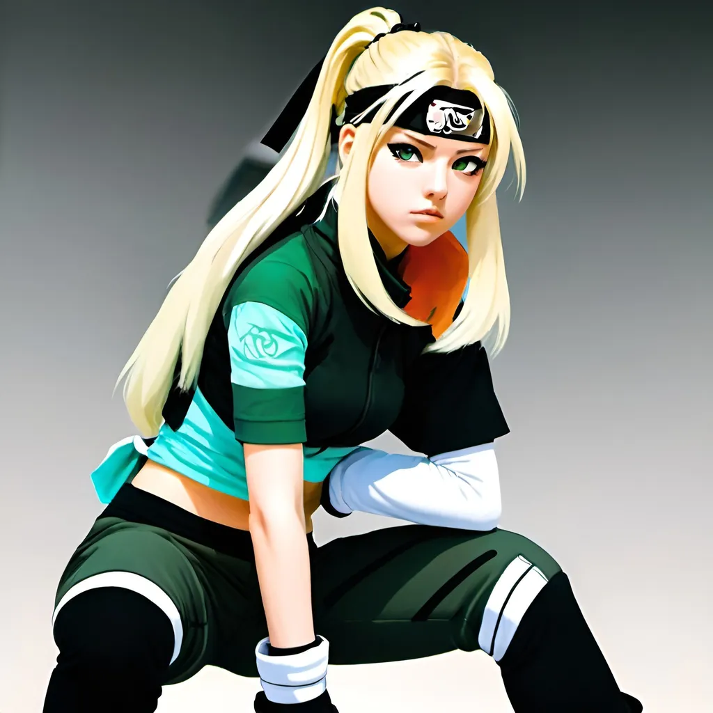 Prompt: Drawn in Naruto art style. Draw a female ninja around 16 years old. The female ninja is beautiful, wears a green black and white crop top and leggings set with black biker gloves, upper arm bands, white sneakers, and white socks. She also has long platinum blonde hair tied into a ponytail.