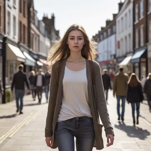 Prompt: Tall young woman walking down the high street, detailed clothing, realistic, natural lighting