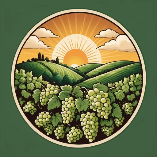 Prompt: Making a logo: round, with hops and grapes, rolling hills, big bright sun with big puffy clouds. 
