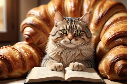 Prompt: Realistic digital illustration of a cat, comfortable chair, delicious croissant, hilarious book title, photo-realistic, high quality, detailed fur, amusing scene, cozy atmosphere, warm lighting, cat with realistic fur, comfortable seating, humorous book title, detailed croissant, professional, highres, warm tones, cozy lighting