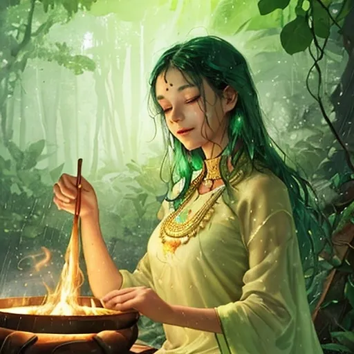 Prompt: In a lush Indian forest during the vibrant monsoon season, rain softly drizzles through the emerald canopy, creating a symphony of gentle sounds. The earthy scent of wet soil mingles with fragrant spices as someone expertly prepares Ayurvedic food over a rustic wooden fire. Wisps of steam rise gracefully from a simmering pot, merging with the misty air, lending a dreamlike quality to the tranquil scene. The chef, adorned in traditional attire, moves slowly and deliberately, their face illuminated by a soft, warm glow from the flames. A content smile reflects their inner peace and joy, harmonizing with the soothing sounds of the forest and the rhythm of raindrops falling softly on leaves. The overall atmosphere is serene and inviting, perfectly captured in a dreamy watercolor illustration style.