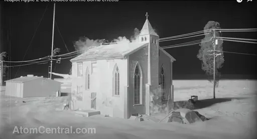 Prompt: keeping most of the image as is, keeping the color, the angle, the dark shadows, the bright light, and the smoky lifting off of the objects. can you please prop up the church up as if there was a stick holding it up by one corner. the back walls of the church are still on the ground, but the front is being propped up. we can see the ground underneath the church, and the shadow being cast behind it. but the whole church is on a title up in the area. it is not flat on the ground, but rather titled so one side is hovering above the earth. rotate the church on the horizontal axis so it does not sit flush with the ground, it is titled