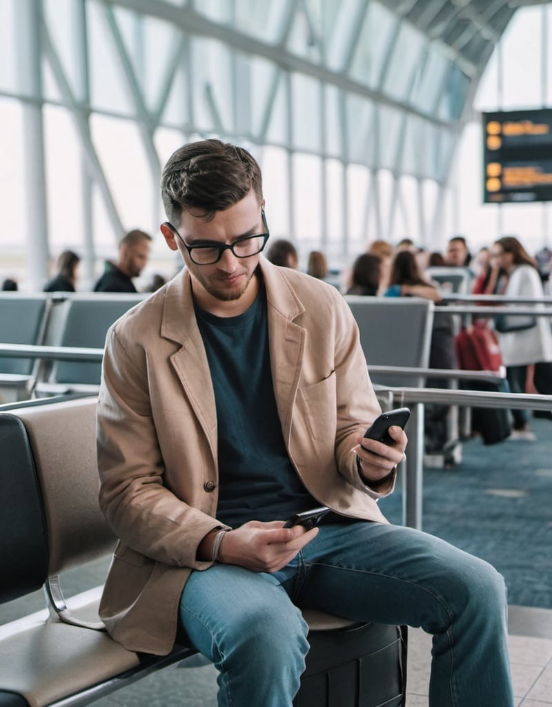 Prompt: a guy at the airport scrolling songs in his phone 