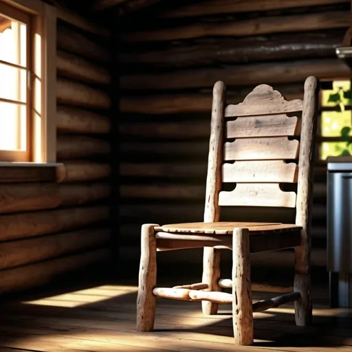 Prompt: old wooden chair in the kitchen of a log cabin. photo realistic