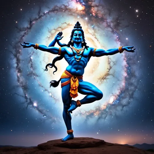 Prompt: shiva dancing in natraj pose in front on milky way galaxy dark wallpaper