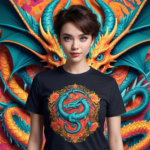 Prompt: <mymodel>(fantasy dragon), vibrant colors, whimsical design, bold detailing, illustrated style, eye-catching patterns, dynamic pose, mythical elements, dramatic background, (highly detailed), (t-shirt design), modern aesthetic, playful theme, striking silhouette, unique artistry, engaging composition.