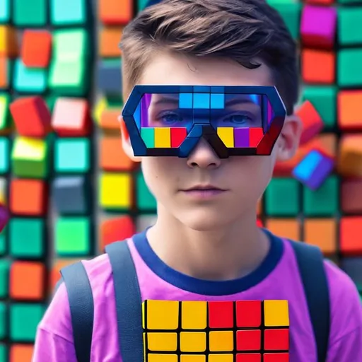 Prompt: Boy wearing AR glasses with colorful squares on it holding a Rubik’s cube in front of him