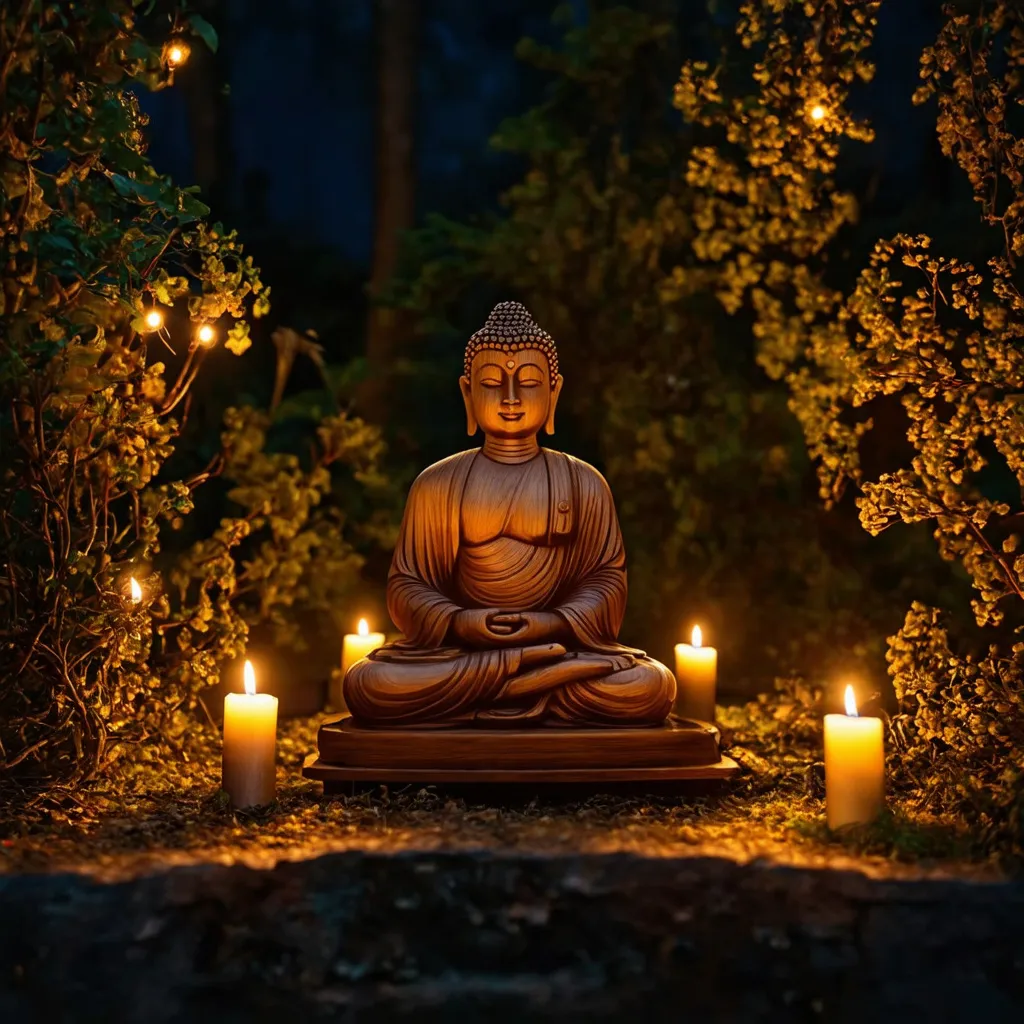 Prompt: Wooden sculpted buddha in a small temple in a magical enchanted forest, candles, flowers, night, string lights, low exposure, studio quality, UHD