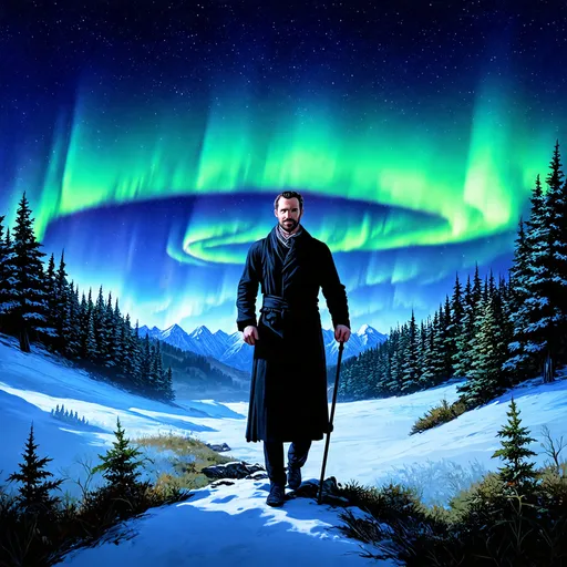 Prompt: Thin black dresser man, hiking, holding magic staff, fantasy world, landscape, fantasy style, majestic snowy mountains, lush forests, northern lights, aurora borealis, night, star sky, milky way, ethereal lighting