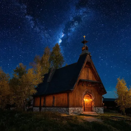 Prompt: Beautiful wooden Stave Church in the night, candle light, sky full of stars, colored night sky, (aurora borealis: 0.4), medieval, stunning, beautiful landscape, picture from under, glowing light, old building, Norwegian style, beautiful Milky Way, uhd, 4k, 8k, high definition wallpaper, award winning