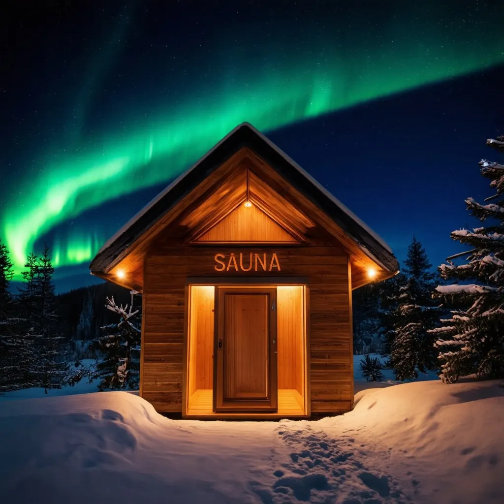 Prompt: Nordic Sauna with carved wood signed saying "Sauna", night, winter, northern lights, light around the building, picture from outside, presentation perfect picture, studio quality