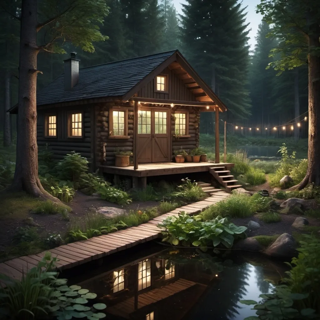 Prompt: fantasy dark forest, cabin deep in the forest, small food garden beside cabin, a clean pond behind cabin in the distance, small wood storage by cabin door, herb drying rack by garden entry, light reflecting off the pond, heavily shaded by forest, lights on in cabin, dark lighting