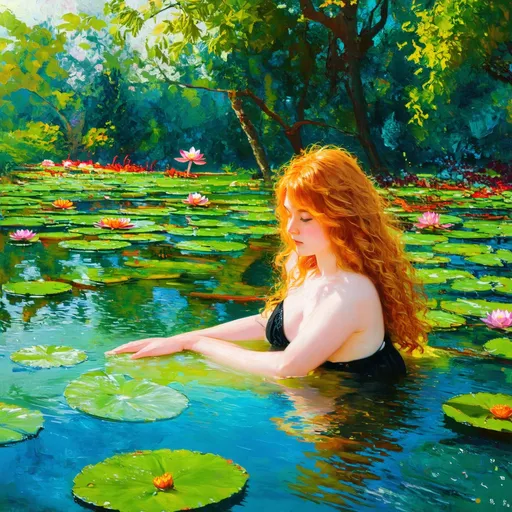 Prompt: Oil old painting, soft colored art of a Skinny, 22 years old, long wavy ginger hair, taking bath in magic transparent pond, black skirt, lotus, spring, magical forest, colorful, pastel, painting, light, ultra detailed, 8K, intricated, wallpaper, stunning view, Hans Dahl style