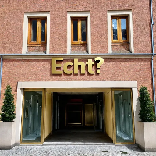 Prompt: Beautiful german building from outside with public showers, golden big letters written "Echt?" at the entrance, studio picture