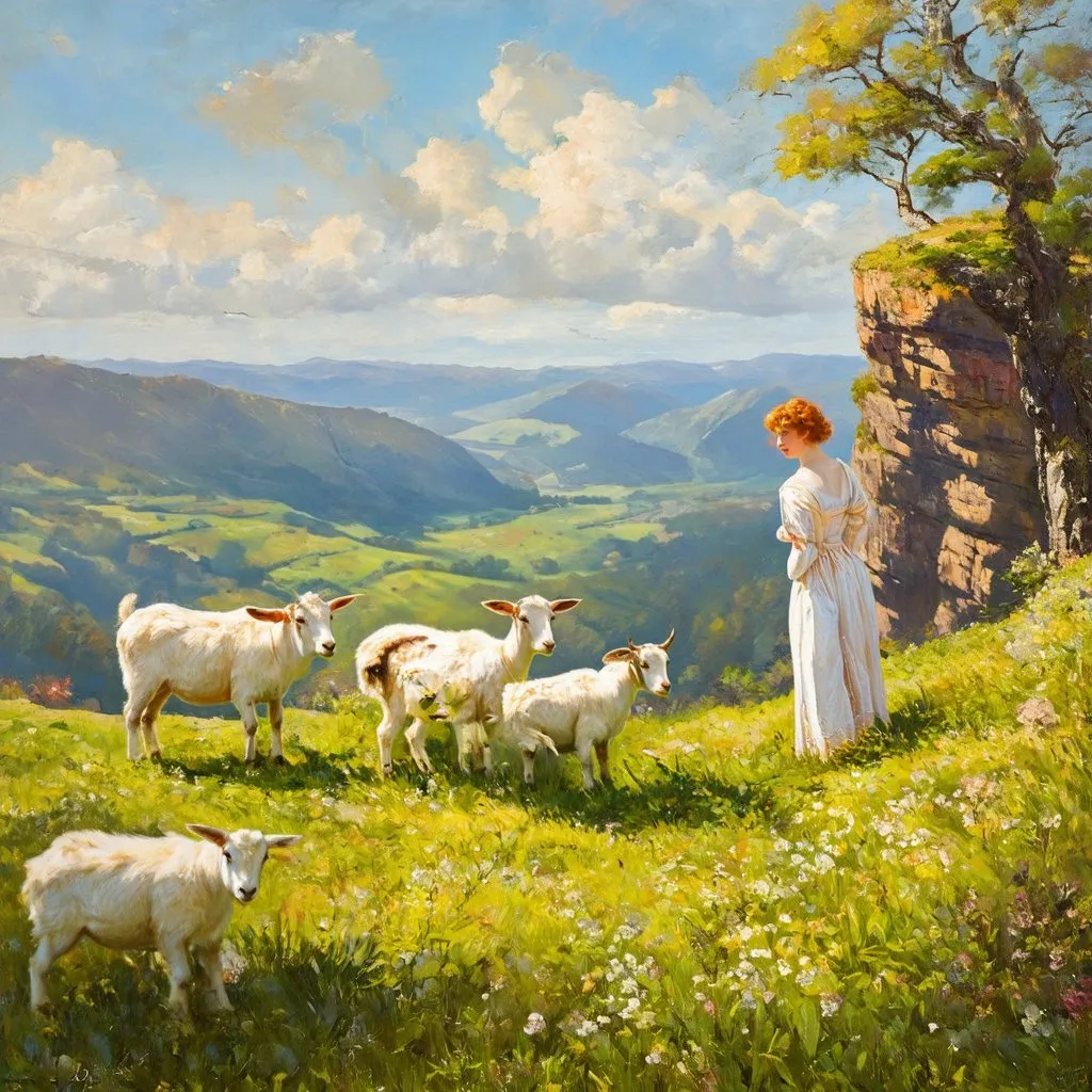 Prompt: Oil old painting, soft colored art of Round face cut pale skin ginger curly hair bergère taking care of goats up a stunning view cliff, blooming spring, fresh vegetation, sunshine, wearing traditional dress, Hans Dahl style