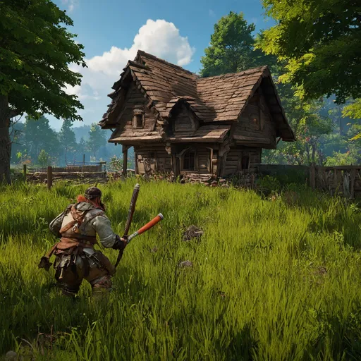 Prompt: Valheim gameplay, house building