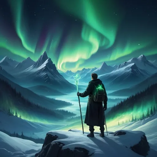 Prompt: Thin black dresser man, hiking, holding magic staff, fantasy world, landscape, fantasy style, majestic snowy mountains, lush forests, northern lights, aurora borealis, night, star sky, milky way, ethereal lighting