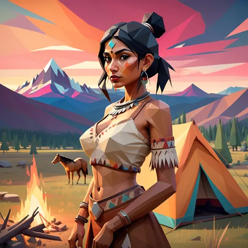 Prompt: Low poly style tall, petite waist, indian girl, showing cleavage, with bun style hair and nose tilted up, holding horse reigns at early native American camping site of vibrant colors and atmospheric skies showing coyote on mountain in distant background