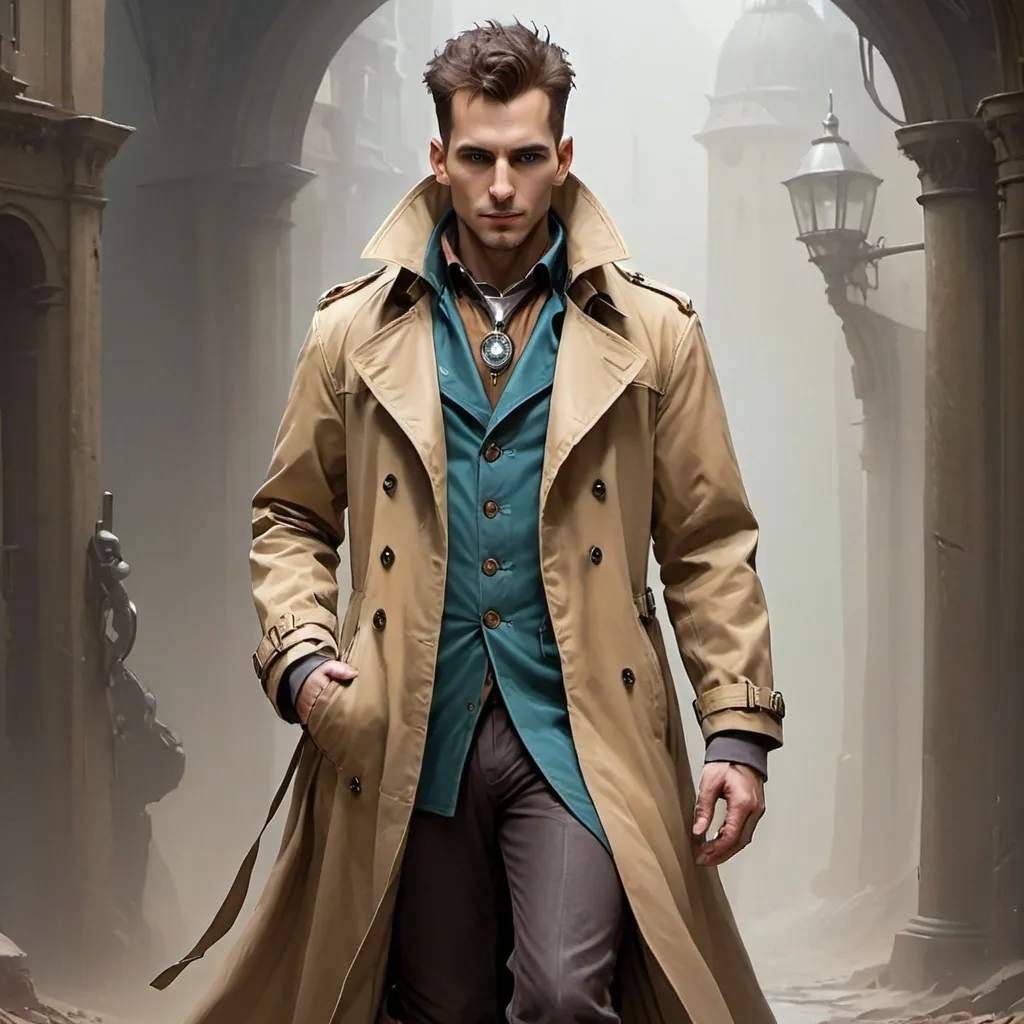 Prompt: an male human artificer wearing a trenchcoat
