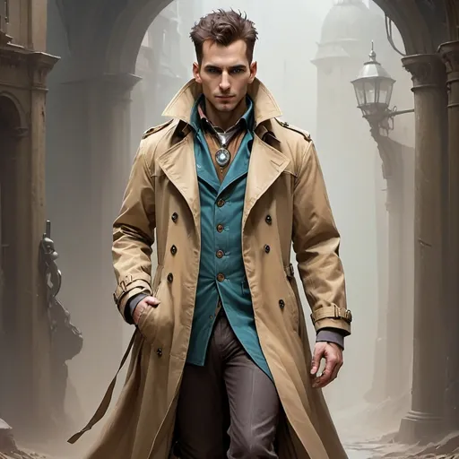 Prompt: an male human artificer wearing a trenchcoat
