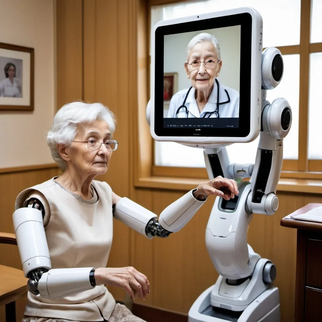 Prompt: please create a pic with a robot holder a monitor to visit an elderly lady seems like to check her medical history