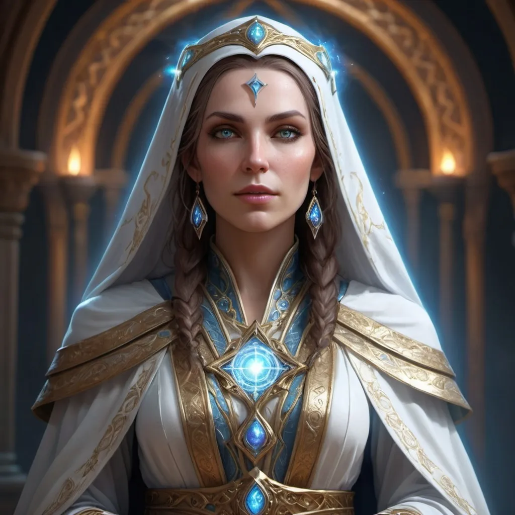 Prompt: Sister Seraphine (powerful 10th Level Cleric of Mystra), ethereal aura, intricate robes glowing with celestial energy, regal demeanor, deep connection to the Weave, mystical symbolism, dramatic energy illuminating her surroundings, captivating gaze filled with wisdom, atmospheric background depicting magical realms, high detail, 4K, enchanting and powerful ambiance.