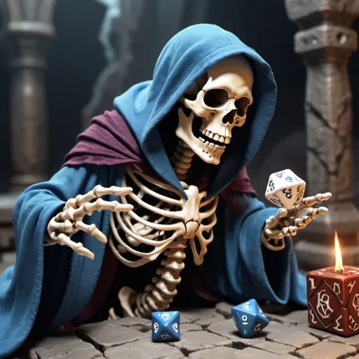 Prompt: Skeleton wearing a mages robe rolling a dungeon and dragons dice that is falling directly in front of the viewer
