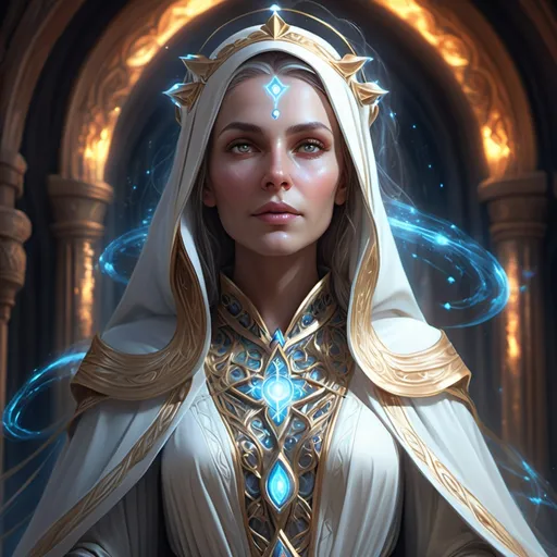 Prompt: Sister Seraphine (powerful 10th Level Cleric of Mystra), ethereal aura, intricate robes glowing with celestial energy, regal demeanor, deep connection to the Weave, mystical symbolism, dramatic energy illuminating her surroundings, captivating gaze filled with wisdom, atmospheric background depicting magical realms, high detail, 4K, enchanting and powerful ambiance.