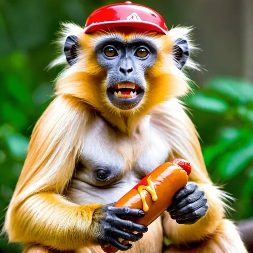 Prompt: GOLDEN LANGUR MONKEY HOLDING COSTCO HOTDOG