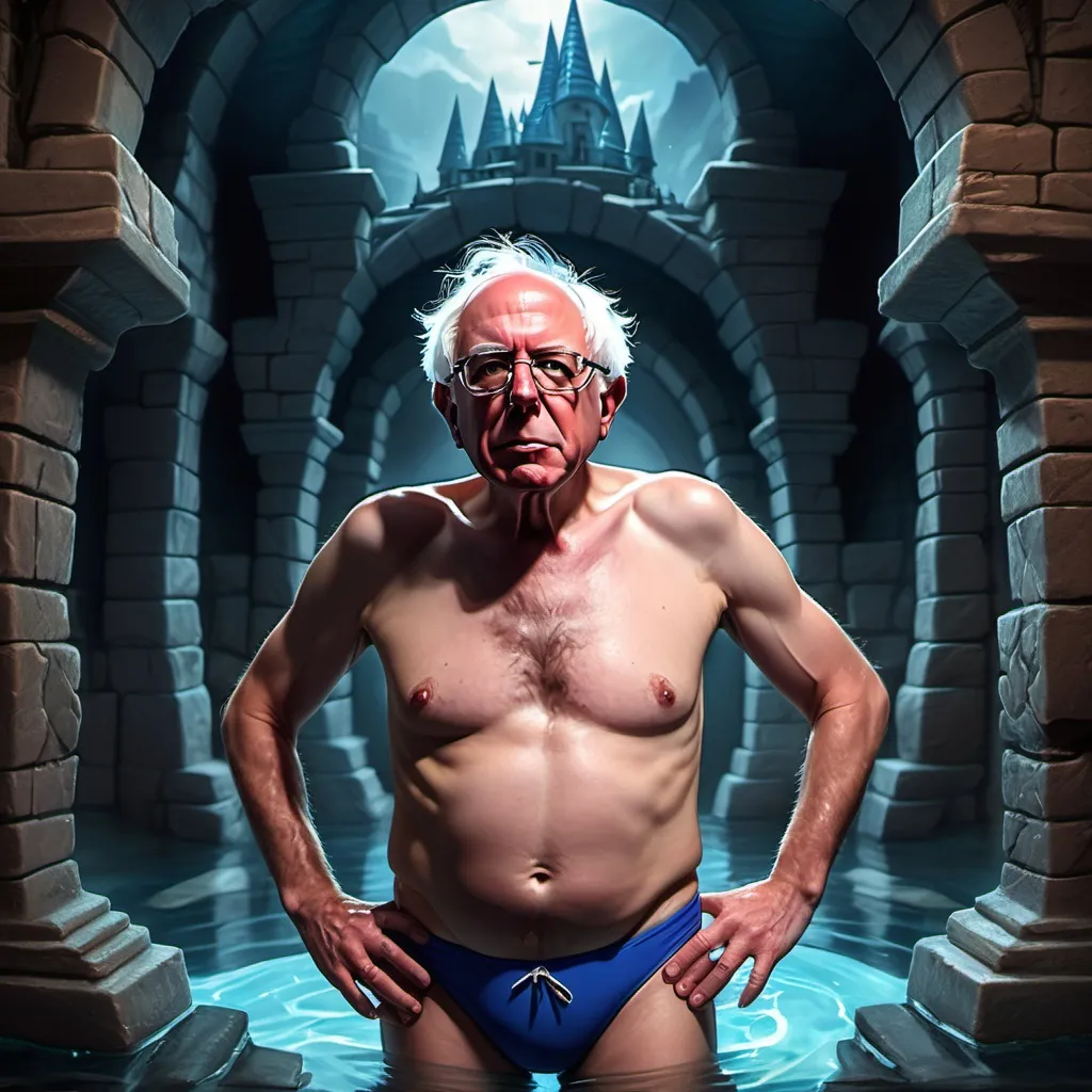 Prompt: Swimsuit Bernie Sanders in a fantasy dungeon