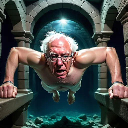 Prompt: Speedo Bernie Sanders in a fantasy dungeon upside-down