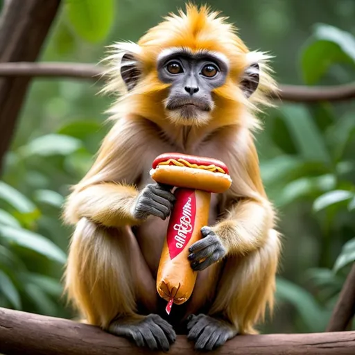 Prompt: GOLDEN LANGUR MONKEY HOLDING COSTCO HOTDOG LIKE Rafiki HOLDS SIMBA IN THE LION KING