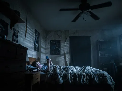 Prompt: रात का अंधेरा कमरा, 2:17 AM, एक लड़का बिस्तर पर लेटा हुआ मोबाइल चला रहा है, सिर्फ मोबाइल की नीली रोशनी, धीरे-धीरे घूमता सीलिंग फैन, दीवारों पर गहरी परछाइयाँ, डरावना माहौल, सिनेमैटिक लाइटिंग, रियलिस्टिक