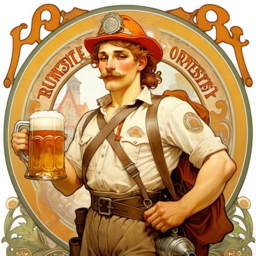 Prompt: european Fireman with a pitcher of beer, oktoberfest, women wearing dirdl in the background, the word "rumesta" written perfectly in the background