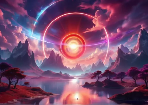 Prompt: A fantasy world with purple electric clouds, in highlights rays of blue and red, in the middle a planet with some rings as the sunset on a lake 
