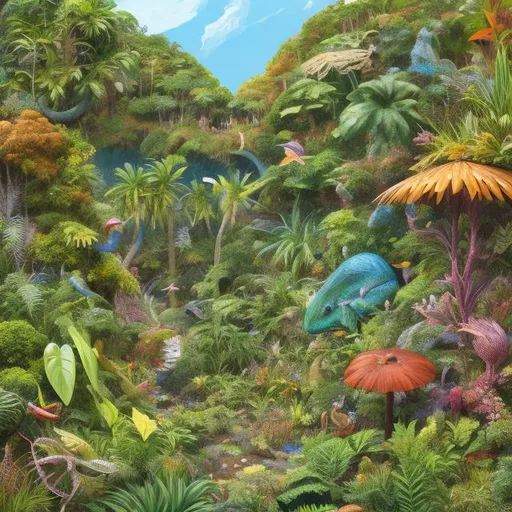 Prompt: Eco-friendly illustration of a diverse ecosystem, vibrant colors, lush greenery, clear blue skies, detailed human figures interacting with animals, realistic plant textures, highres, ultra-detailed, realistic, eco-friendly, diverse ecosystem, vibrant colors, lush greenery, clear skies, detailed human figures, realistic animal textures, academic journal