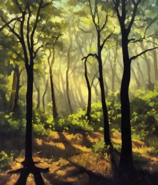 Prompt: 
Light and shadow oil painting woods shrubland