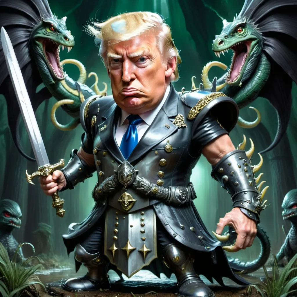 Prompt: misc-gothic style depiction of Donald J Trump in elaborate armor, wielding a fierce sword, battling a gigantic MultiheadHydra representing the deep state swamp, dark color scheme featuring deep blacks, moody grays, and shadowy greens, dramatic contrasts and textures, cinematic lighting that enhances the intense atmosphere, ultra-detailed artwork capturing the struggle, powerful and dynamic composition.