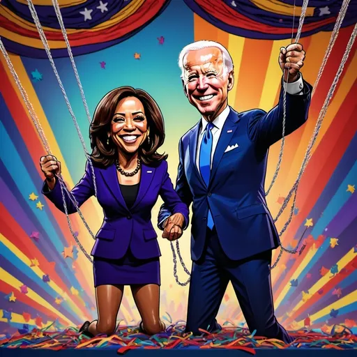 Prompt: (cartoon) Joe Biden, Kamala Harris, being controlled from above by marionette strings, vibrant color scheme, exaggerated expressions, whimsical atmosphere, detailed marionette strings and hands, colorful and dynamic background, high contrast, bold lines, playful and surreal, animated film style, ultra-detailed, HD, intricate character details, energetic and lively mood, meticulously rendered, high-resolution