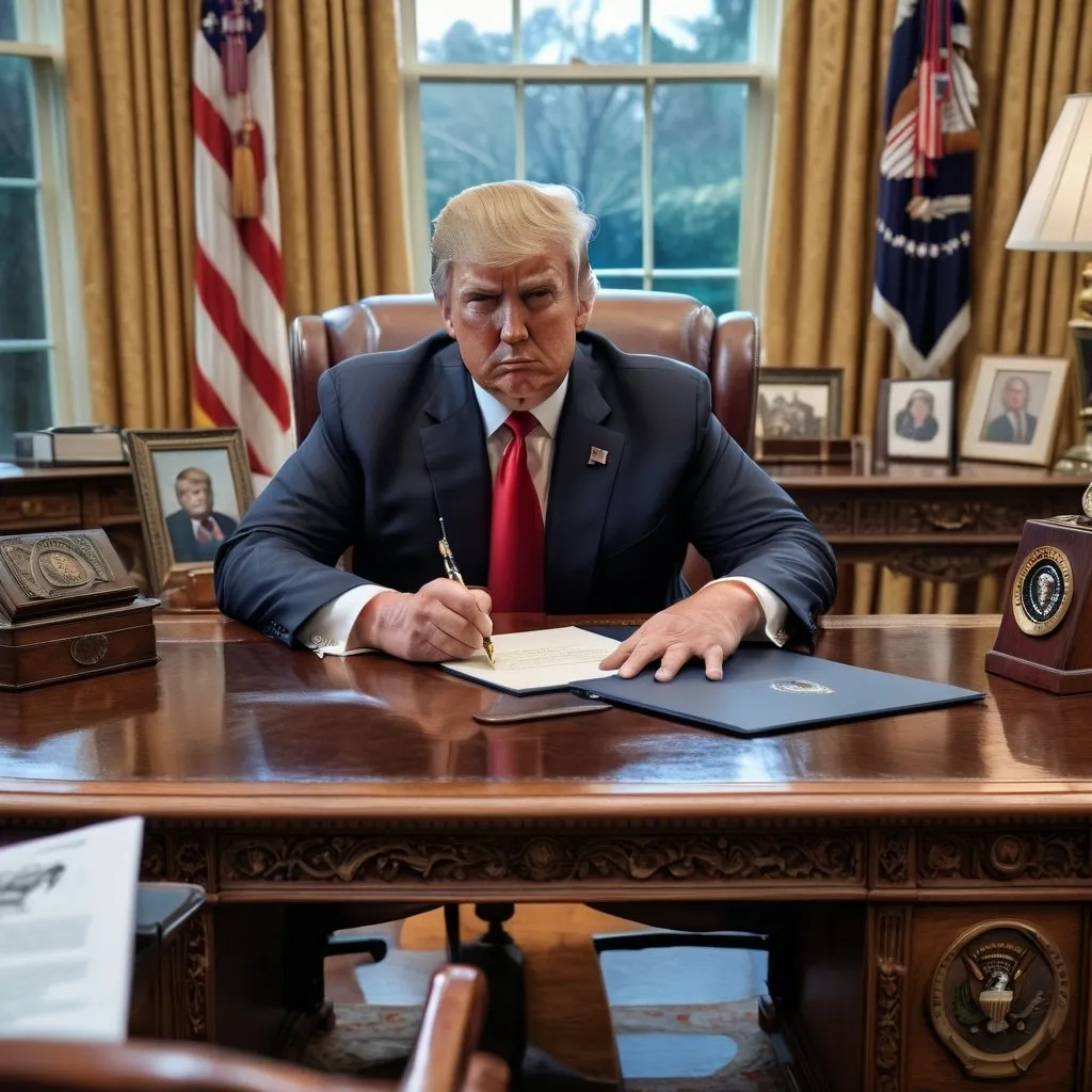 Prompt: Realistic portrayal of Donald Trump sitting at the Oval Office desk, holding a rifle, presidential seal on the desk, detailed facial features, professional realism style, natural lighting, high image quality, detailed eyes, serious expression, textured rifle, american flag in the background, detailed office decor, realistic coloring, polished wood desk and chair, authentic presidential setting