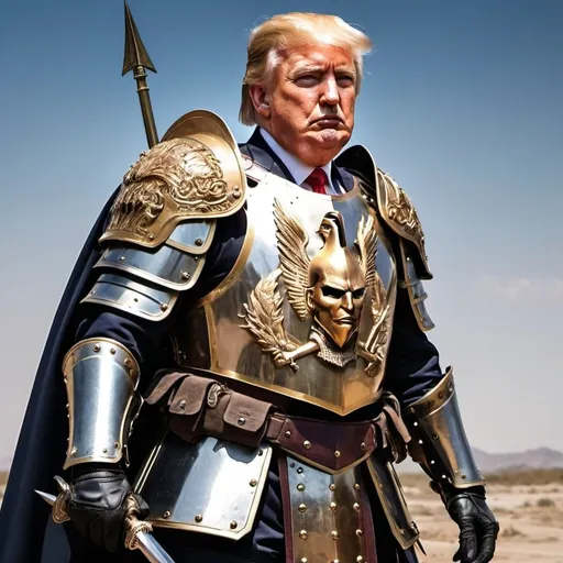 Prompt: Donald Trump in armor ready to due battle withe the Demacrates in 2024
