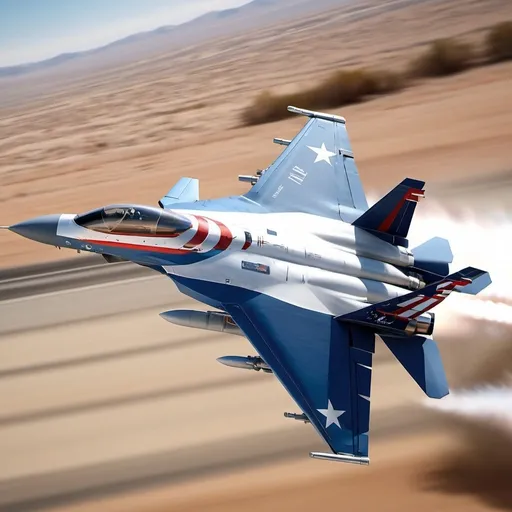 Prompt: Low-flying, high-speed, modern US Air Force fighter jet, patriotic color scheme, impressive 3D rendering, bold 'Trump express 2024' banner, detailed jet engines and cockpit, dynamic composition, realistic motion blur, high quality, 3D rendering, patriotic, dynamic composition, modern, detailed jet, motion blur, presidential banner, United States, impressive