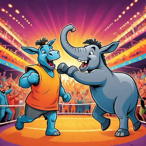 Prompt: (cartoon style illustration) Fight of the century, (vibrant color scheme), a playful donkey and an energetic elephant, dynamic action scene, exaggerated features, bold outlines, humorous expressions, textured background with cheering crowds, bright and lively atmosphere, whimsical cartoon details, enticing visual appeal, (high definition)