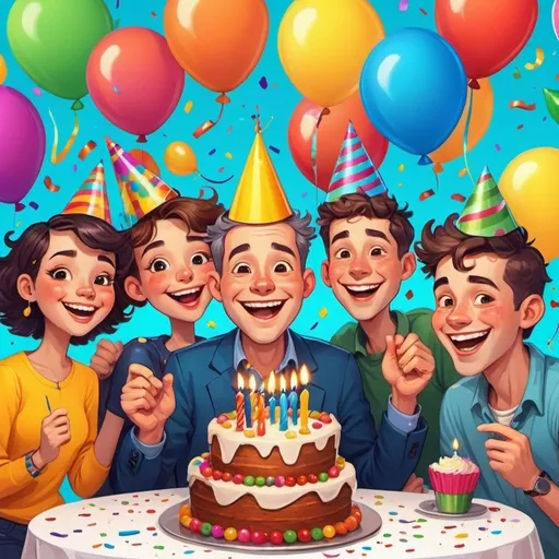 Prompt: Cartoon-style male birthday celebration, vibrant color palette, joyful atmosphere, party hats, balloons, confetti, delicious cake with candles, smiling faces, whimsical illustrations, high quality, cartoon, vibrant colors, celebratory mood, joyful characters, festive decorations, fun and lively