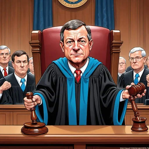 Prompt: Cartoon-style illustration of Justice John Roberts, Supreme Court bench, slamming his gavel, traditional cartoon style, vibrant colors, detailed robe and gavel, intense expression, realistic courtroom setting, impressive scale, high quality, vibrant, detailed, traditional cartoon style, intense expression, realistic setting, dynamic composition