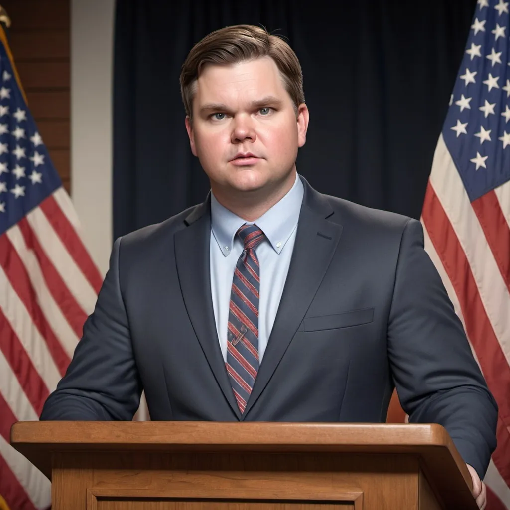 Prompt: Photorealistic illustration of JD Vance at a podium, detailed facial features, realistic textures, professional lighting, high quality, photorealism, detailed clothing, realistic environment, political event, welcome sign, serious expression, realistic skin tones, American flag, podium details, indoor setting, best quality, highres, ultra-detailed, photorealism, detailed expression, professional, realistic lighting