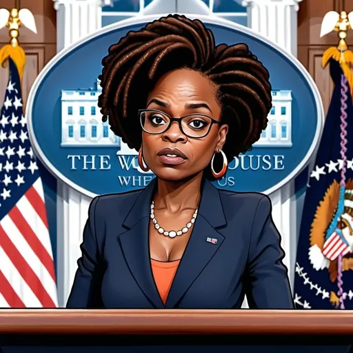 Prompt: Cartoon-style illustration of Karine Jean-Pierre at White House briefing, press pool's intense questioning, vibrant and bold colors, exaggerated expressions, cartoon style, professional attire, detailed background, dynamic composition, high energy, political cartoon, editorial illustration