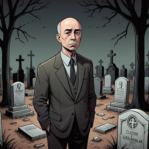 Prompt: Cartoon-style illustration of Alejandro Mayorkas standing over multiple graves, somber expression, dark and foreboding atmosphere, gravestones with intricate details, earthy color palette, dramatic shadows, detailed facial features, political cartoon, gloomy setting, high quality, cartoon, detailed, somber color palette, dramatic lighting